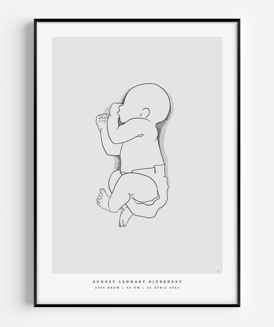 Personalized birth poster in scale 1:1 showing a baby’s real size at birth.