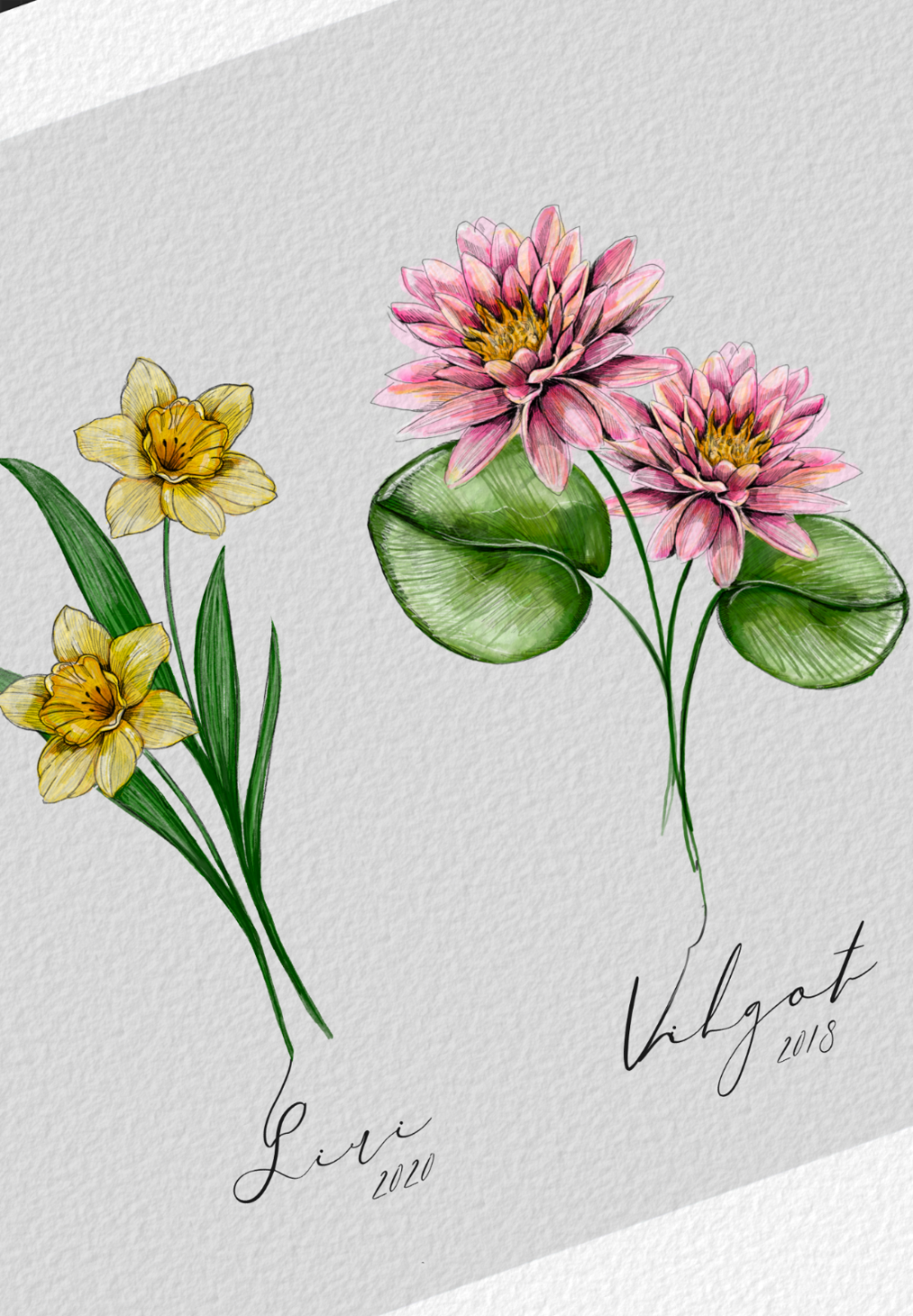 Close-up of hand-painted birth month flower on personalized sibling poster with child’s name and birth year