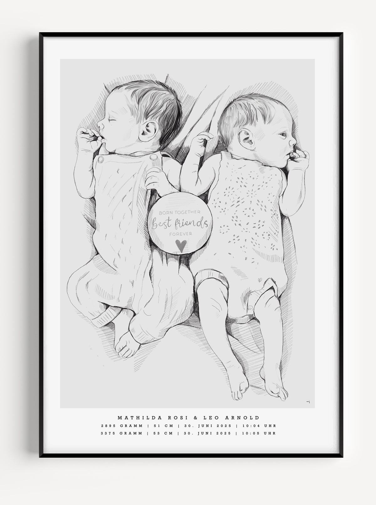 Tvillingar födelsetavla skala 1:1, handritad från fotografi av Tilda med namn och födelsedatum / Twin birth poster 1:1 scale, hand-drawn from photo by Tilda, personalized illustration with names and birth details