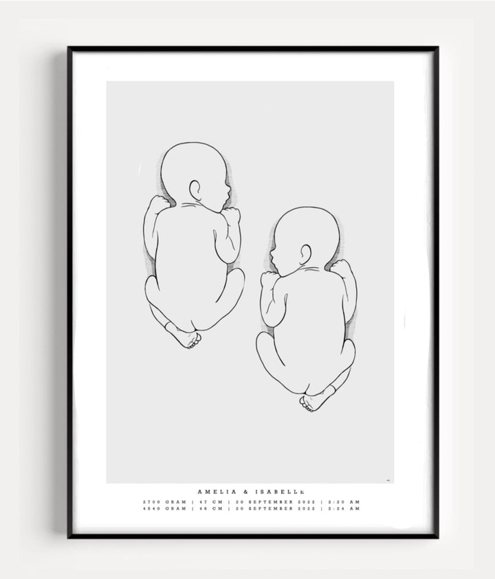 Illustration of two little ones together on a duo birth poster
