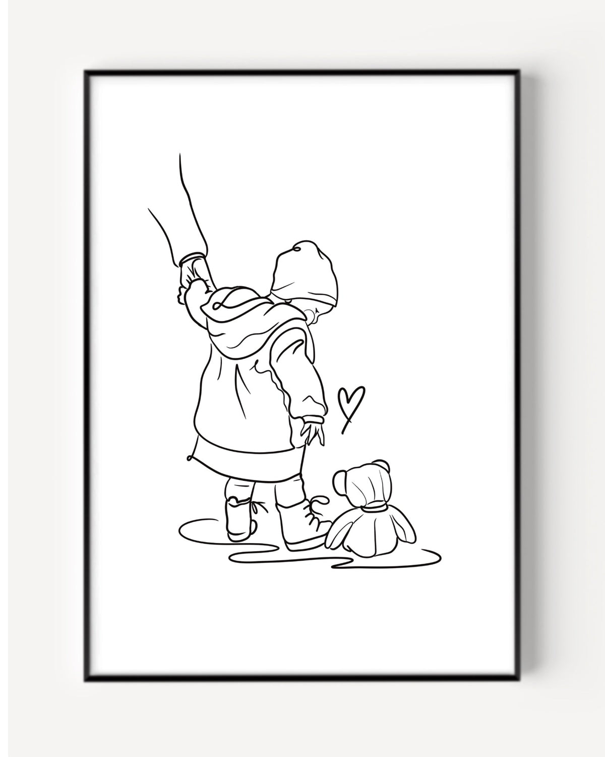 Line art portrait illustration of a child and her teddy bear, featured on a minimalist line art portait