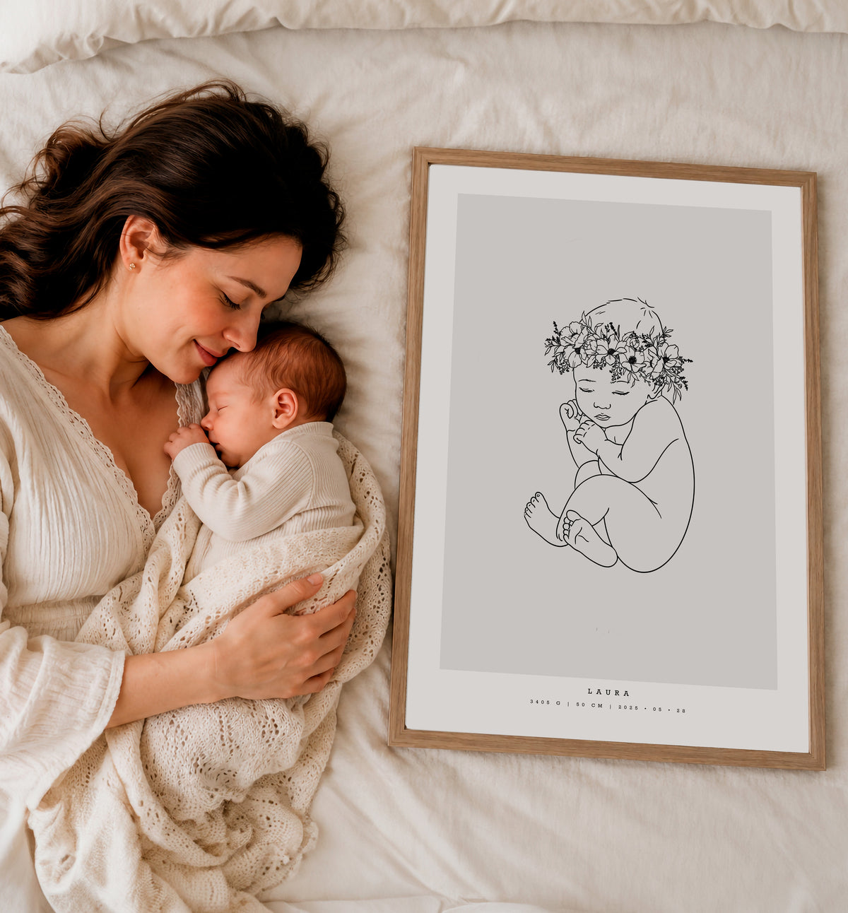 Mother and child next to a birth poster with a flower wreath