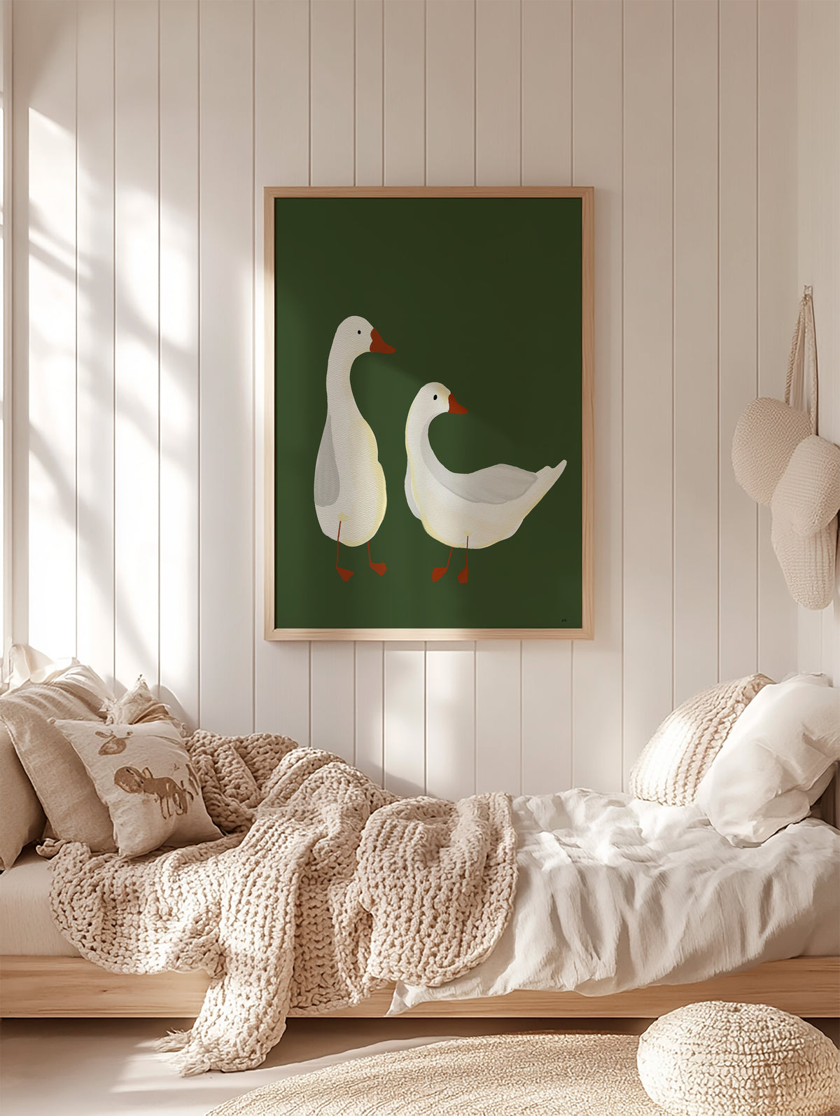 Playful illustrated geese art print displayed in a modern toddler room with natural decor