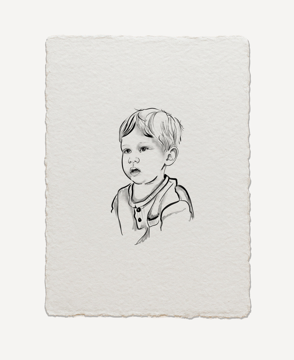 Handmade cotton paper featuring a custom drawn portrait with fine details and natural texture. vintage and heriloom style