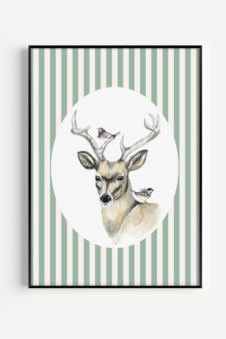 Watercolor deer illustration on striped background – evergreen-inspired poster, timeless wall art for Scandinavian homes
