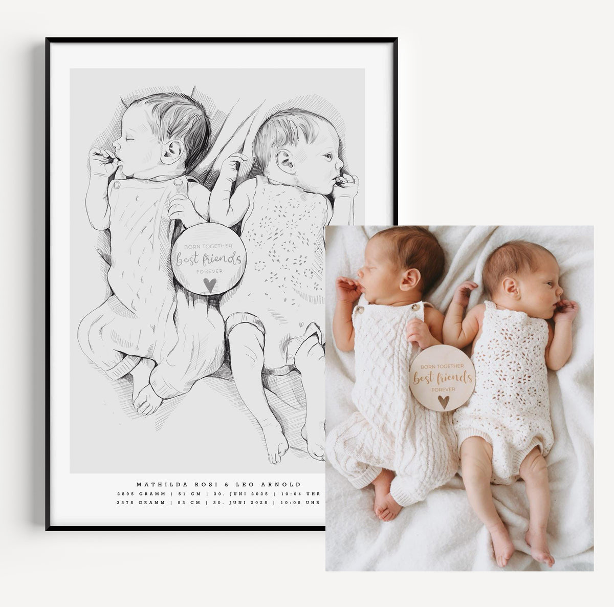 Tvillingar födelsetavla skala 1:1 före och efter, handritad från fotografi av Tilda med namn och födelsedatum / Twin birth poster 1:1 scale before and after, hand-drawn from photo by Tilda, personalized illustration with names and birth details
